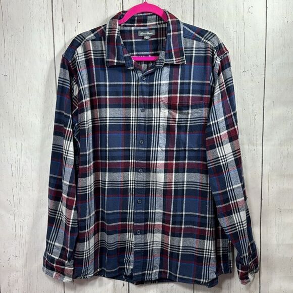 Eddie Bauer Mens Plaid Flannel Shirt Navy Burgundy Cozy Rustic Fall Outdoor - Picture 5 of 14
